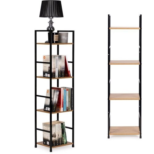 Modern Home Drvena polica sa metalnim LOFT okvirom, 4 nivoa, u boji hrasta - Slike