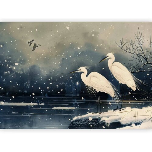  Foto tapeta - Herons over a winter pond - Japanese-style illustration in dark colours 150x105 Vodootporna Cene