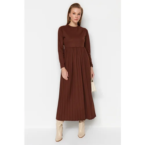 Trendyol Brown Skirt Pleated Scuba Knitted Dress