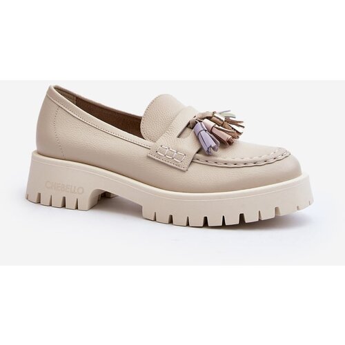 Kesi Women's leather loafers with fringes CheBello beige Cene