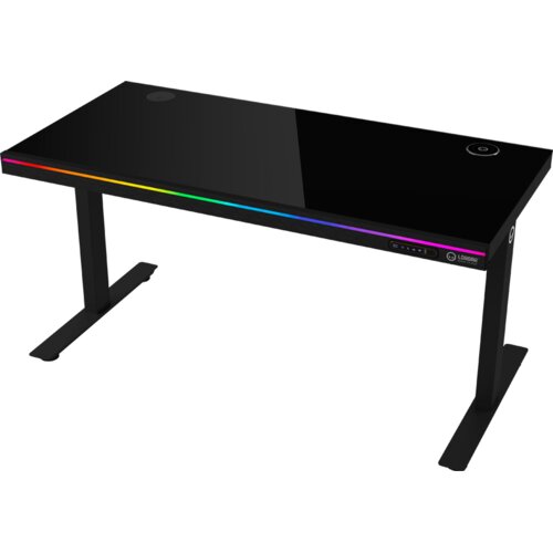 Lorgar Dual-motor sit/stand adjustable-height gaming desk with wireless charger, RGB lighting, control panel, and USB ports, solid tempered glass tabletop, black. Cene