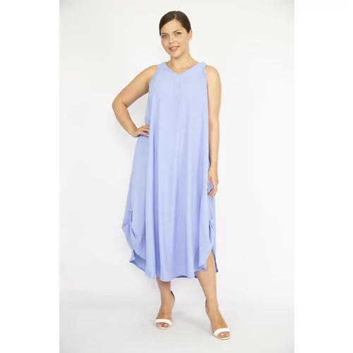 Şans Women's Baby Blue Plus Size Aerobin Fabric Hem, Epaulette Epaulette, Sleeveless Long Dress