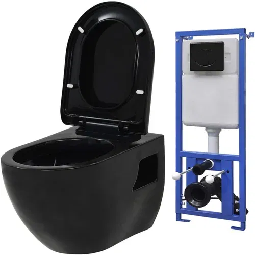 vidaXL Zidna toaletna školjka s ugradbenim vodokotlićem keramička crna