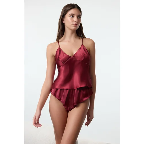 Trendyol Burgundy Satin Rope Strapless Knitted Underwear Set