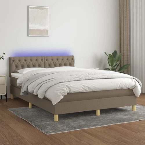 Krevet box spring s madracem LED smeđesivi 140x190 cm tkanina