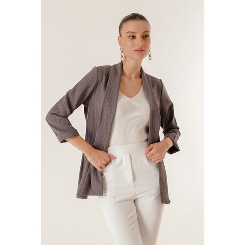 By Saygı Shawl Collar Length Lycra Double Sleeves Thin Striped Fabric Jacket Cene