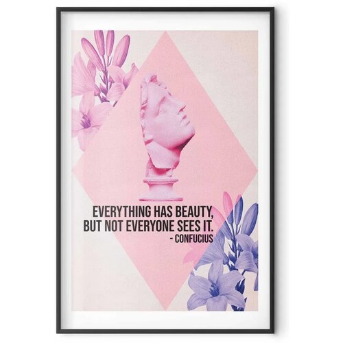  Plakat - Confucius on Beauty - a bust in pink with flowers and a quote 40x60 Crni okvir s margom Slike