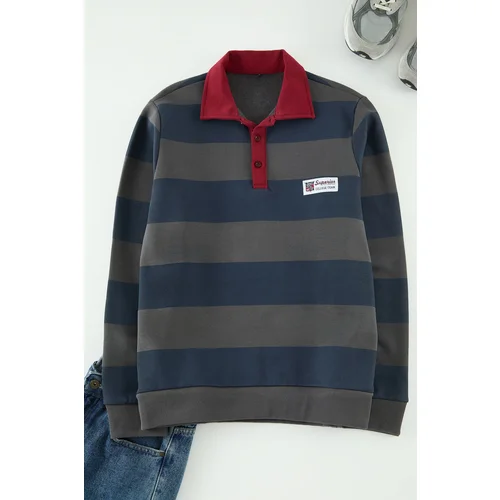 Trendyol Anthracite Regular/Normal Cut Polo Collar Striped Polar Fleece Inside Cotton Sweatshirt