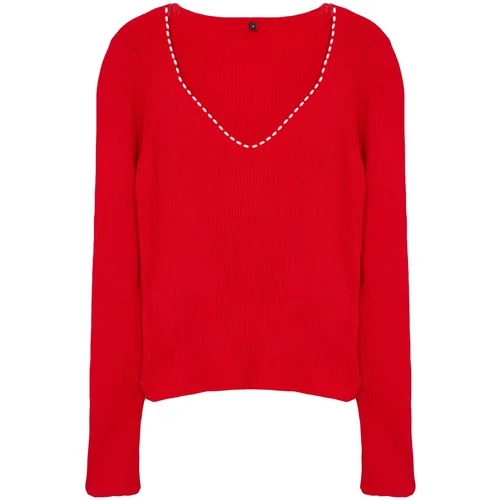 Trendyol Red Pearl Detailed V-Neck Knitwear Sweater