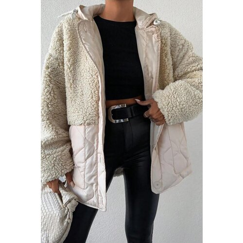 Dewberry 18125 Plush Loose Cut Women Coat-EKRU Slike