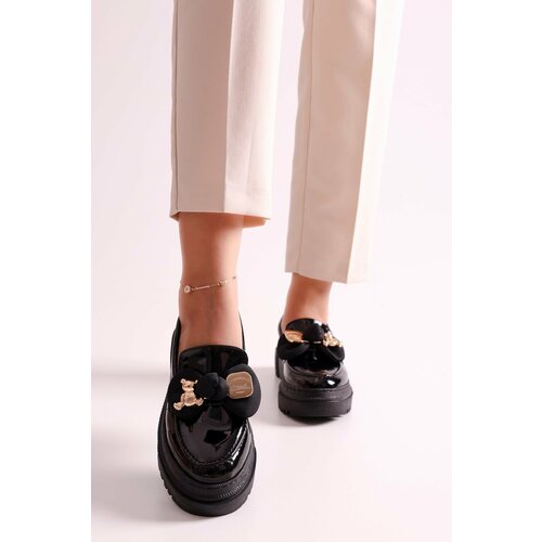 Shoeberry Women's Astor Black Patent Leather Thick Sole Bow Loafer Black Patent Leather Slike