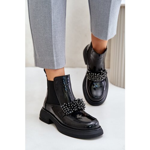 Kesi Leather patent leather ankle boots with decorative slip-on insulated black Solimav Slike