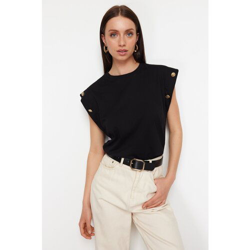 Trendyol Black 100% Cotton Button Detailed Wadding Look Basic Crew Neck Knitted T-Shirt Cene
