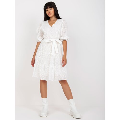 Fashion Hunters White openwork dress with a frill and a V-neck Slike
