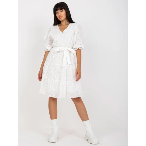 Fashion Hunters White openwork dress with a frill and a V-neck