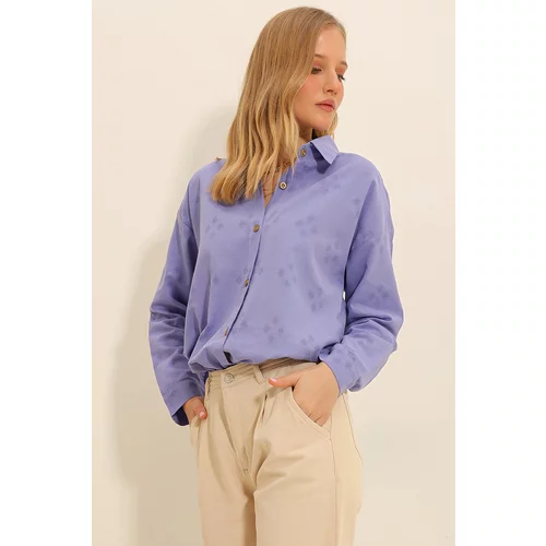 Trend Alaçatı Stili Women's Lilac Motif Oversize Linen Shirt