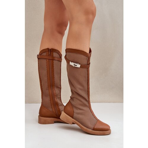 PH2 Mesh Boots On Flat Heel To Half Calf Brown Asgerda Slike