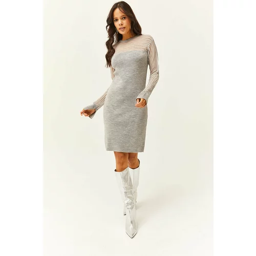 Olalook Women's Gray Transparent Tulle Detail Mini Knitwear Dress