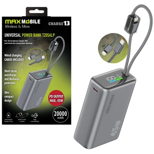 Max Mobile POWER BANK T205ALP 20000mAh 45W PD, 2xType-C+Lightning,Sivi Cijene