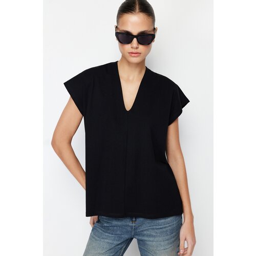 Trendyol Black 100% Cotton V-neck Moon Sleeve Knitted T-Shirt Slike