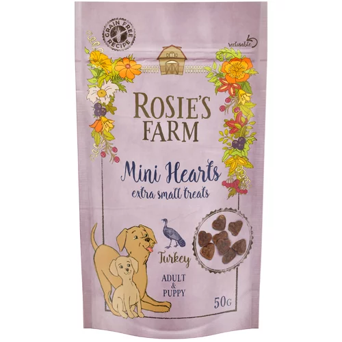 Rosie's Farm Puppy & Adult "Mini Hearts" puran - Varčno pakiranje: 3 x 50 g