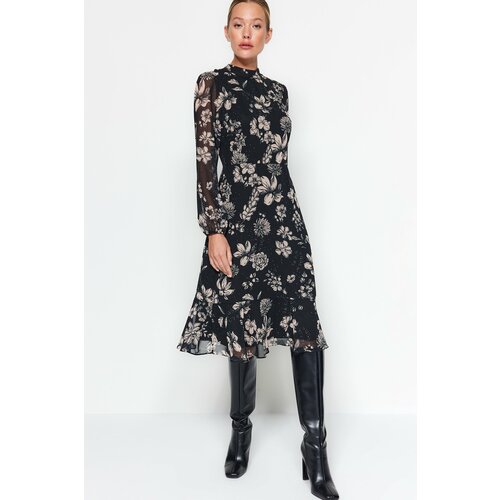 Trendyol A-Line Black Floral Pattern Chiffon Dress With Woven Lining Slike