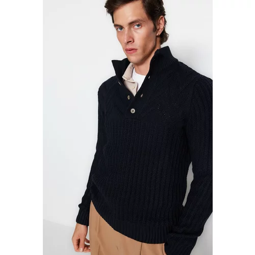 Trendyol Navy Blue Men's Slim Fit Half Turtleneck Buttons Knitwear Sweater