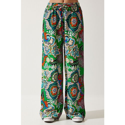  Women's Green Orange Patterned Flowing Viscose Palazzo Trousers Cene
