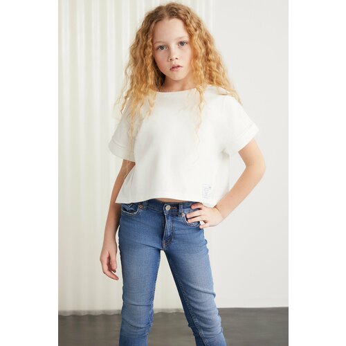 GRIMELANGE Verena Girl's 100% Cotton Double Sleeve White T-shirt with Ornamental Labe Cene