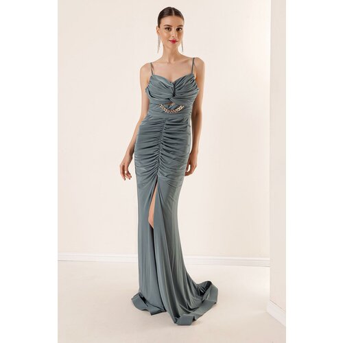 By Saygı Rope Straps with a slit in the front and Draped Crystal Fabric Long Dress with Chain Detail. Slike