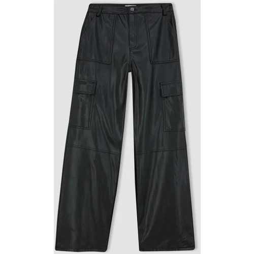 Defacto Wide Leg Cargo Faux Leather Trousers