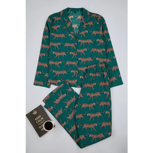 Trendyol Emerald Green Animal Patterned Viscose Woven Pajama Set