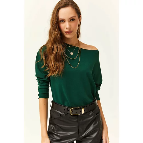 Olalook Women's Emerald Green Dirty Collar Printed Soft Texture Thin Sweatshirt
