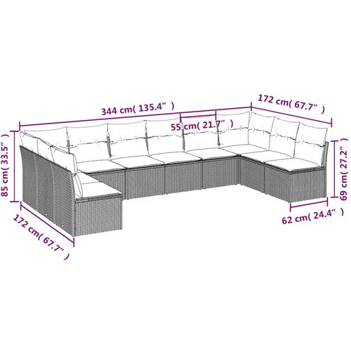  10-dijelni set vrtnih sofa s jastucima crni od poliratana Slike