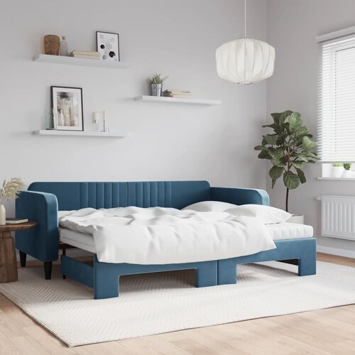 VidaXL Izvlečna dnevna postelja z vzmetnicami modra 90x200 cm žamet Slike