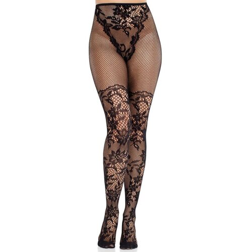 LEG AVENUE HOSIERY LEG AVENUE - DAHLIA LACE STOCKINGS WITH NET DETAIL BLACK Cene