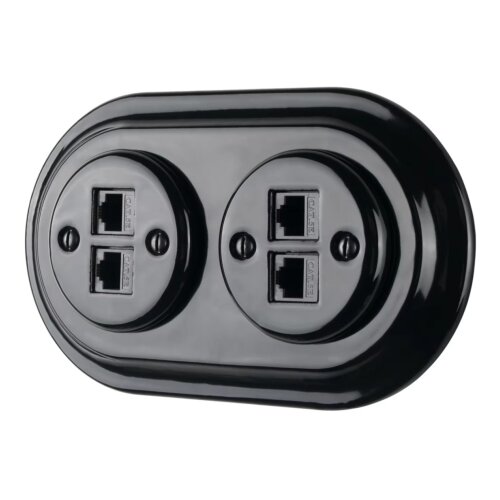  Bohemia-Design - Porcelanska retro Ethernet utičnica sa okvirom 2xCAT.5E crna Slike