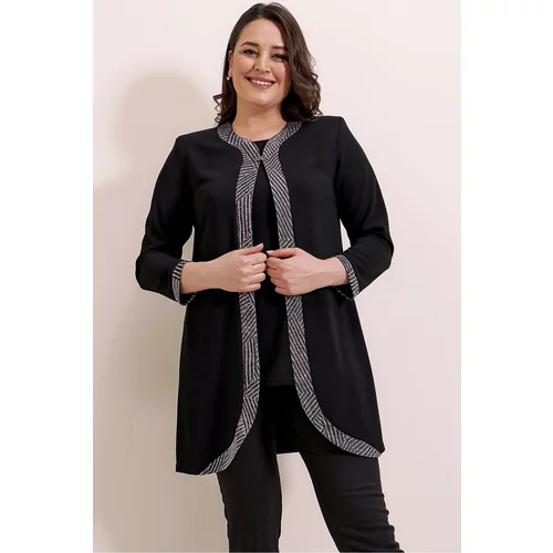 By Saygı The Front And The Ends Of The Sleeves Glittery Crepe Jacket Lycra Blouse Plus Size 2-Piece Set Black.