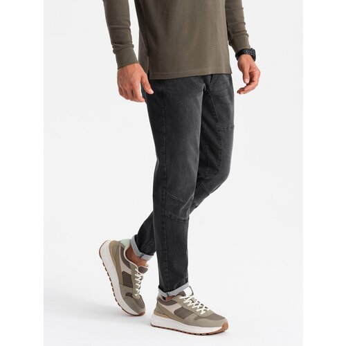 Ombre Men's TAPER FIT denim pants with stitching and rolled up legs - black Cene
