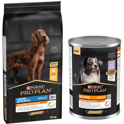  16 kg PURINA PRO PLAN + 12 x 400 g mokre hrane / 3 kg suhe hrane gratis! - Large Athletic Adult Everyday Nutrition +  12 x 400 g All Size Adult Everyday Nutrition u želeu s puretinom Cijene