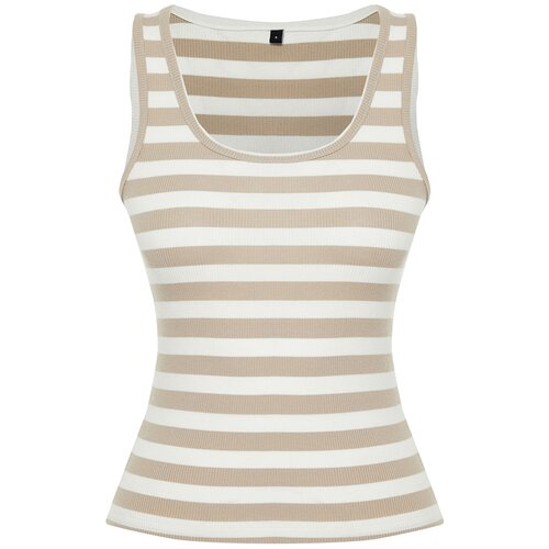 Trendyol Beige Striped Fitted Pool Neck Ribbed Flexible Knit Undershirt Cene