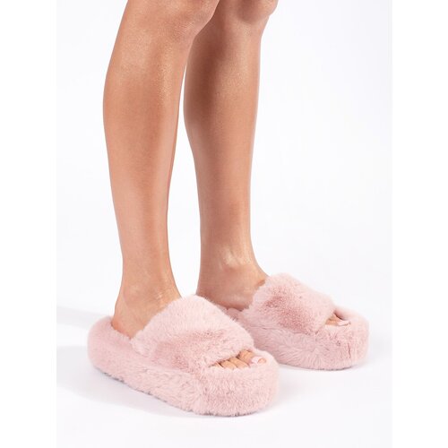 SEASTAR Pink fur house slippers on a platform Cene