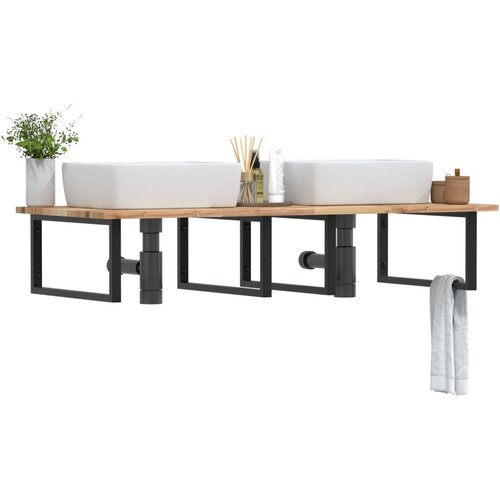  Zidna polica za umivaonik od čelika i masivnog bagremovog drva Smeđa 120 x 60 x 2 cm Slike