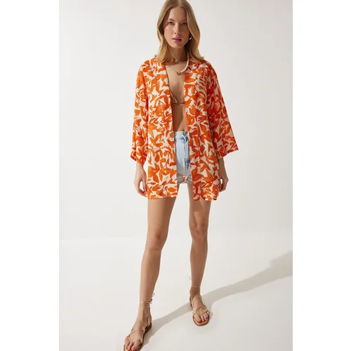  Women's Orange Patterned Viscose Kimono