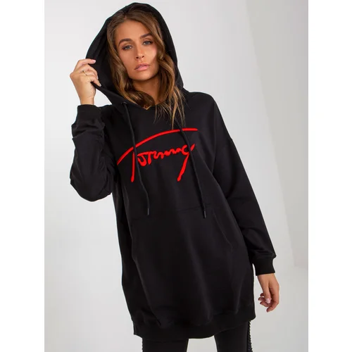 Fashion Hunters Black long kangaroo sweatshirt with an inscription and a hood