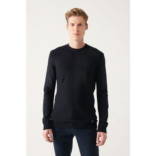 Avva Men's Navy Blue Crew Neck Front Textured Standard Fit Normal Cut Knitwear Sweater Cene