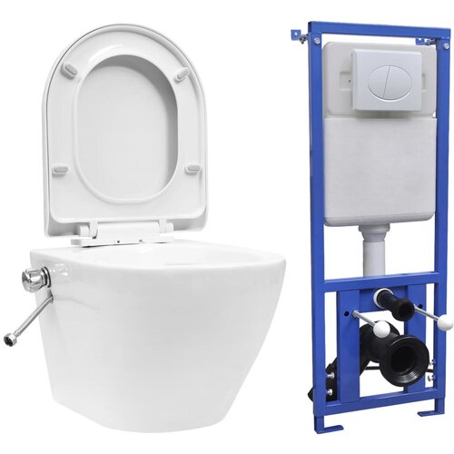 vidaXL Viseča WC školjka brez roba z vgradnim kotličkom keramična bela Cene