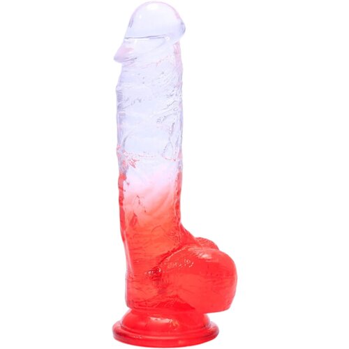 Sunfo - realistični testisi dildo s ljepljivim potplatom - 21 cm (prozirno-crveni) Cijene