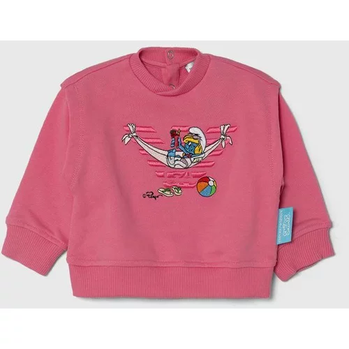 Emporio Armani Bombažen pulover za dojenčka x The Smurfs roza barva
