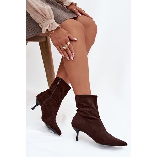 Boto Insulated Women&amp;#039;s Ankle Boots on Heel Eco Suede Chocolate Belisse Slike